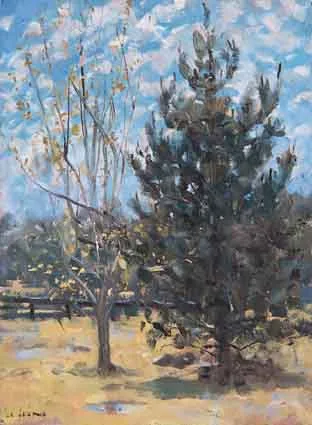 INTERFACING TREES by James Le Jeune, oil on canvas board, sold Mar 2001