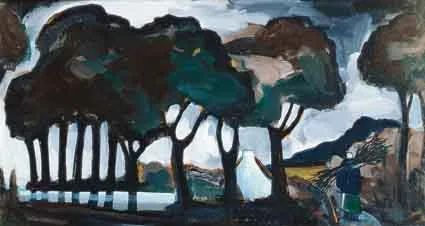 COLLECTING FIREWOOD by Markey Robinson, gouache on board, sold Mar 2001