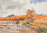 Claude Hayes, HORSES FORDING A STREAM IN AUTUMN
