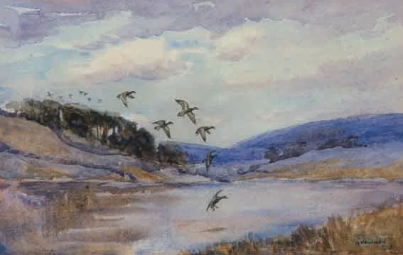 Hugh Monahan, WILD DUCK OVER A LOUGH IN CO. MAYO, watercolour