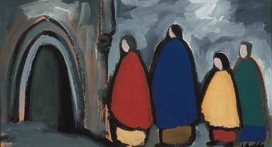 GOING TO MASS by Markey Robinson, gouache on board, sold Oct 2000