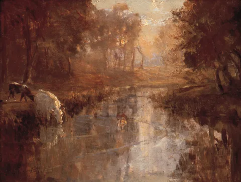 LAGAN BY MOONLIGHT (CATTLE WATERING) by James Humbert Craig, oil on panel, sold Oct 2000