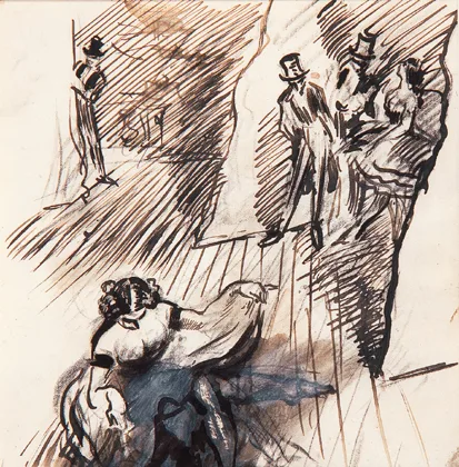 BEHIND THE SCENES by William Orpen, pencil, watercolour, bodycolour, pen, brush and black ink, offered Oct 2000