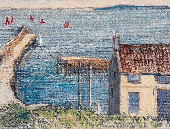 HARBOUR by Harry Kernoff, chalk, pastel and crayon, sold Oct 2000