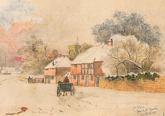 VILLAGE IN WINTER by Rose Maynard Barton, watercolour and pencil, sold Oct 2000