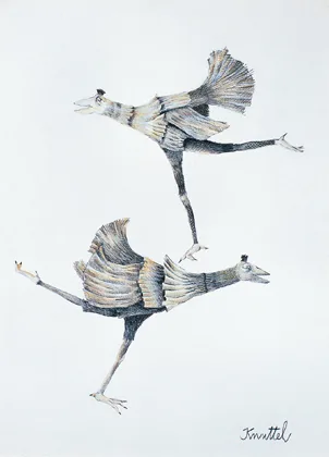 DANCING BIRDS by Graham Knuttel, graphite and watercolour, sold Oct 2000