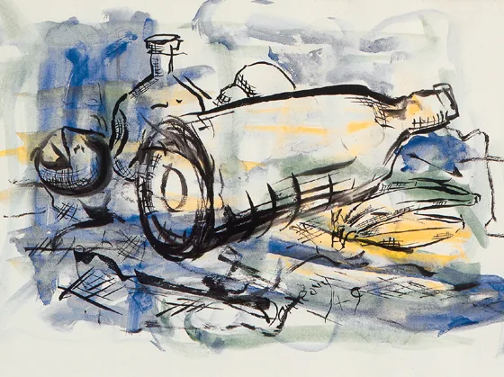 BOTTLES by J.P. Donleavy, ink and watercolour, offered Oct 2000