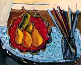 Elizabeth Cope, STILL LIFE WITH PEARS AND BRUSHES