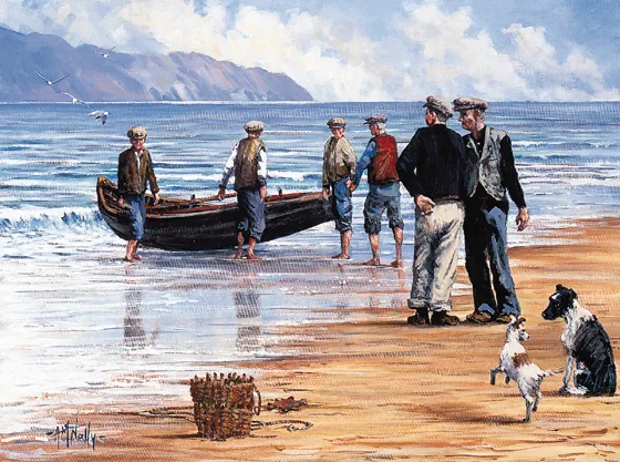 Tony McNally, LAUNCHING THE CURRACH, oil on board