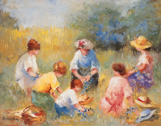 FLOWER PICKING by Elizabeth Brophy, oil on board, sold Oct 2000