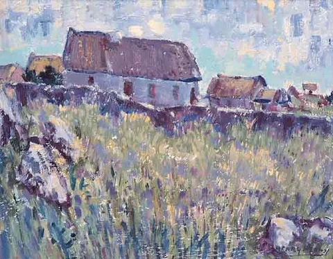 Henry Healy, GALWAY LANDSCAPE (COTTAGES IN MAUVE), oil on board