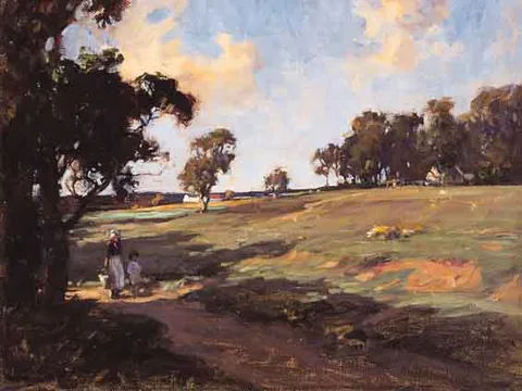 Frank McKelvey, WOMAN AND CHILD ON COUNTRY LANE, oin on canvas
