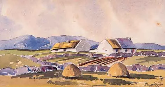 Harry G. Lees, THATCHED COTTAGES IN LANDSCAPE, watercolour