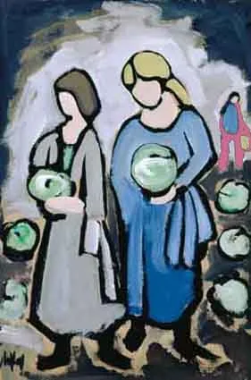 THE CABBAGE PICKERS by Markey Robinson, gouache on board, offered May 2002