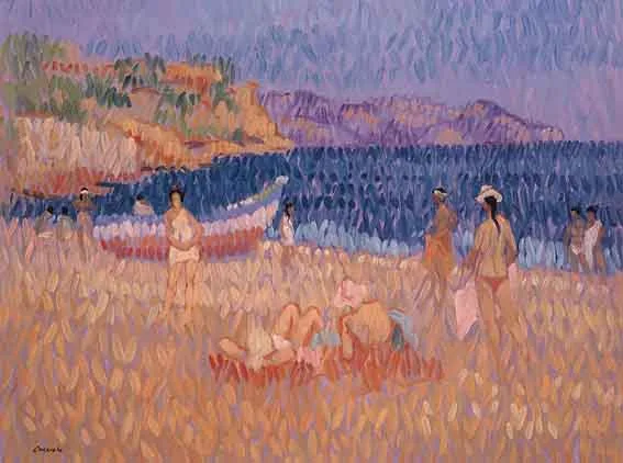 SUNBATHING by Desmond Carrick, oil on canvas board, sold May 2002