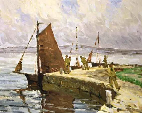 Charles Vincent Lamb, LOADING HOOKERS AT QUAYSIDE, oil on board
