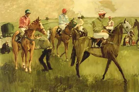 Cecil Maguire, A START IN THE COUNTRY - GALWAY RACES, oil on board