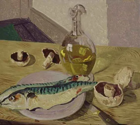 STILL LIFE WITH FISH AND MUSHROOMS by Desmond Stephenson, oil on board, sold May 2002