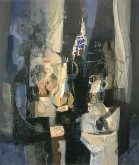 George Campbell, STILL LIFE WITH SPANISH AND ARAB POTS, oil on board