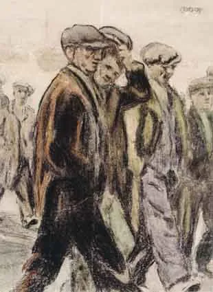 MEN FROM HARLAND AND WOLFE by William Conor, crayon on paper, sold May 2002