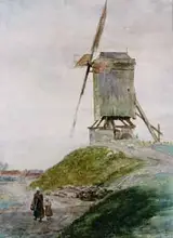 Claude Hayes, DUTCH WINDMILL WITH FIGURES ON A PATH AND SHEPHERD AND FLOCK IN DISTANCE