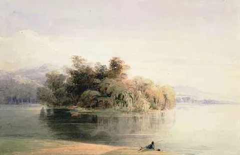 Henry O'Neill, VIEW OF AN ISLAND AND TEMPLE FROM ACROSS WATER, WITH A GENTLEMAN FISHING IN FOREGROUND, watercolour