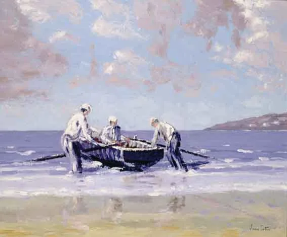 LAUNCHING THE CURRACH, ARAN, COUNTY GALWAY by Ivan Sutton, oil on board, sold May 2002