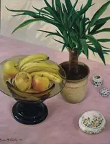 Brian McCarthy, STILL LIFE WITH FRUIT DISH AND POTTED PALM