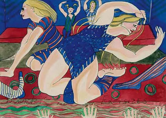 "EXERCISES" by Pauline Bewick, gouache, pen and ink, sold May 2002