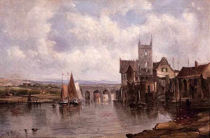 Alfred Vickers, HARBOUR SCENE, oil on canvas