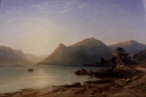 James Francis Danby, BOATS ON LAKE AT SUNSET, oil on canvas