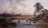 John Faulkner, LANDSCAPE WITH CATTLE DRINKING IN RIVER, VILLAGE IN THE DISTANCE