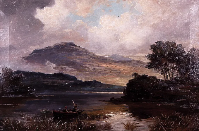 Eugene Joseph MacSwiney, FISHING ON KILLARNEY LAKES UNDER TORC MOUNTAIN, oil on canvas