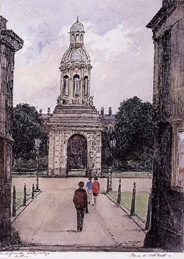 THE CAMPANILE, TRINITY COLLEGE DUBLIN by Flora Mitchell, pen, ink and watercolour, offered Jun 2000