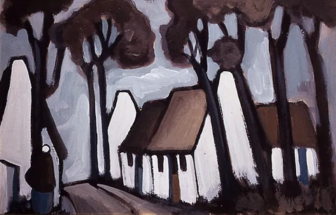 Markey Robinson, VILLAGE WITH TALL TREES, gouache