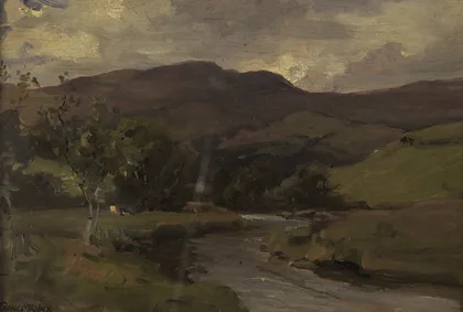 CATTLE GRAZING BY THE LENNON RIVER by Frank McKelvey, oil on board, sold Mar 2000