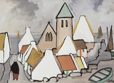 Markey Robinson, SEASIDE VILLAGE WITH SHAWLIE AND YACHTS, oil on board