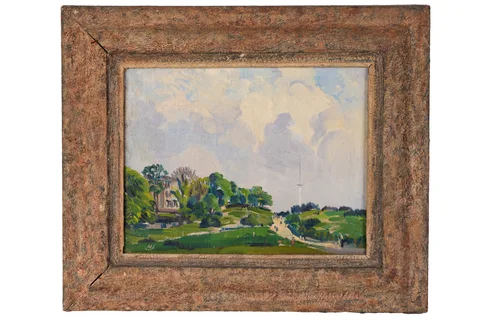 Norman Janes, Landscape with figures and a house, oil on canvas