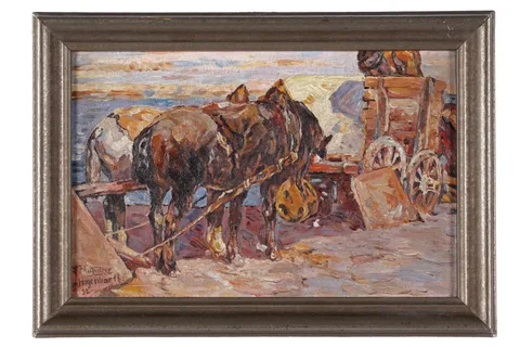 Emanuel Hegenbarth, Horses and carts, oil on board