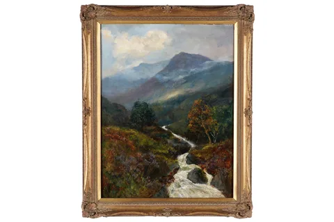 John Falconer Slater, Scottish highland view with a stream, oil on canvas