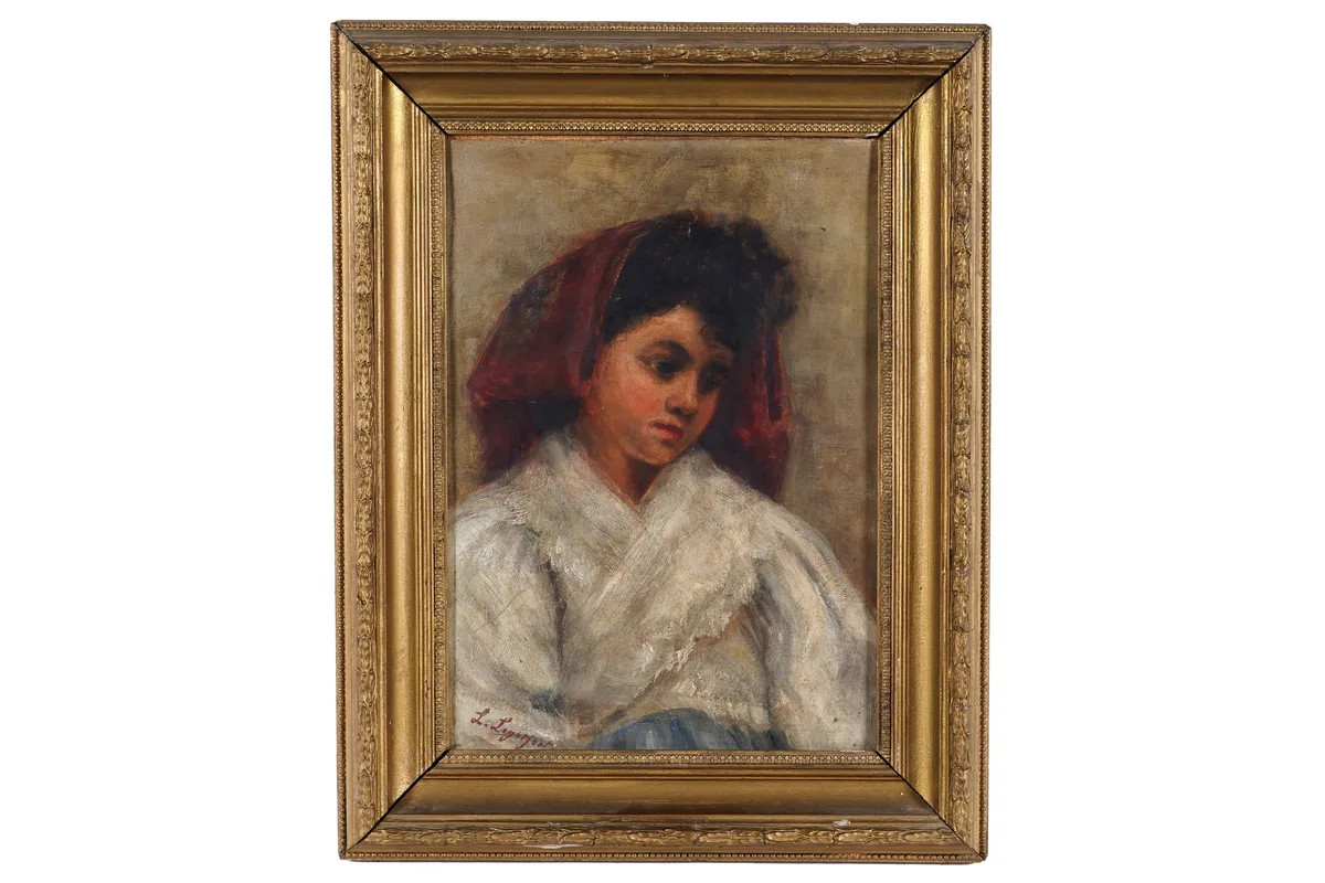 Girl in red headscarf by L. Lightfoot, oil on canvas laid on board, sold May 2026