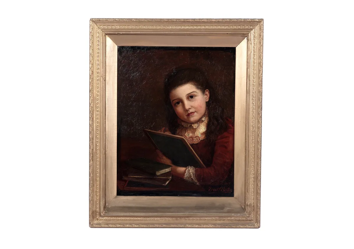 Fredrick Bates, Portrait of a girl with a blackboard, oil on canvas