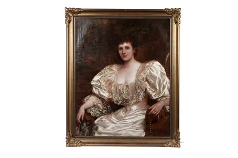 John Hanson Walker, Three-quarter length portrait of a lady in a white silk evening gown, oil on canvas
