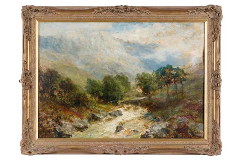 John Falconer Slater, Upland river scene, oil on board
