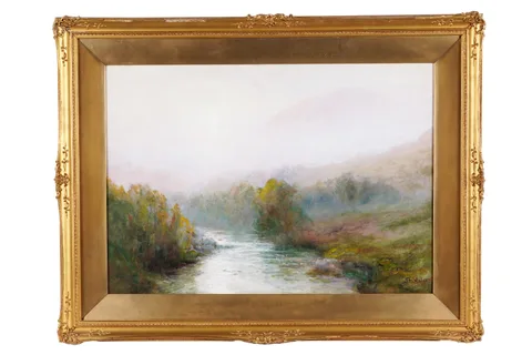 John Falconer Slater, River scene with mountains, oil on paper