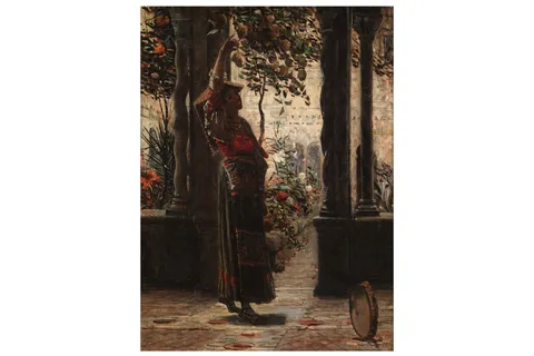 George Sherwood Hunter, Full-length Study of a Dancer and a Tambourine, oil on canvas