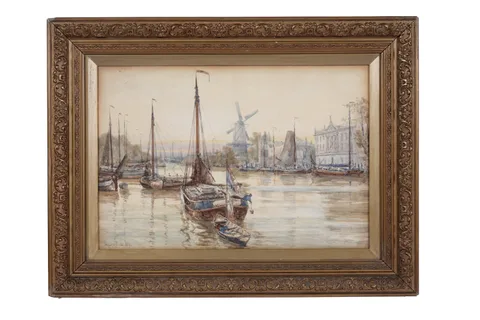 Charles de Lacy, Dutch harbour scene, watercolour