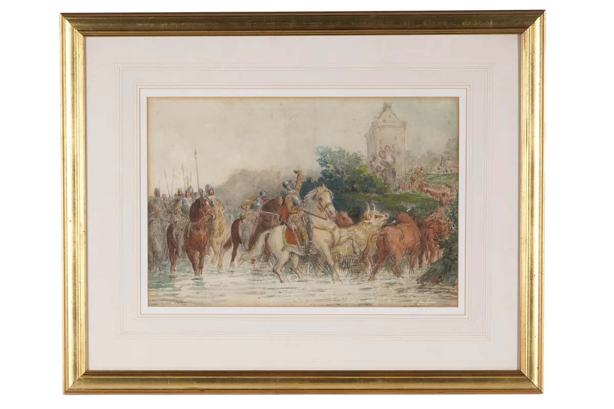 H.H. Emmanuel, Harquebusiers leaving for battle with cattle in a stream, watercolour