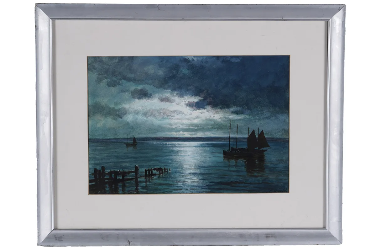 F. Arnold, Moonlit scene with two boats - watercolour, watercolour