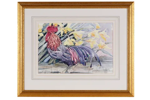 Cockerel and daffodils by Mary Ann Rogers, watercolour, sold May 2026